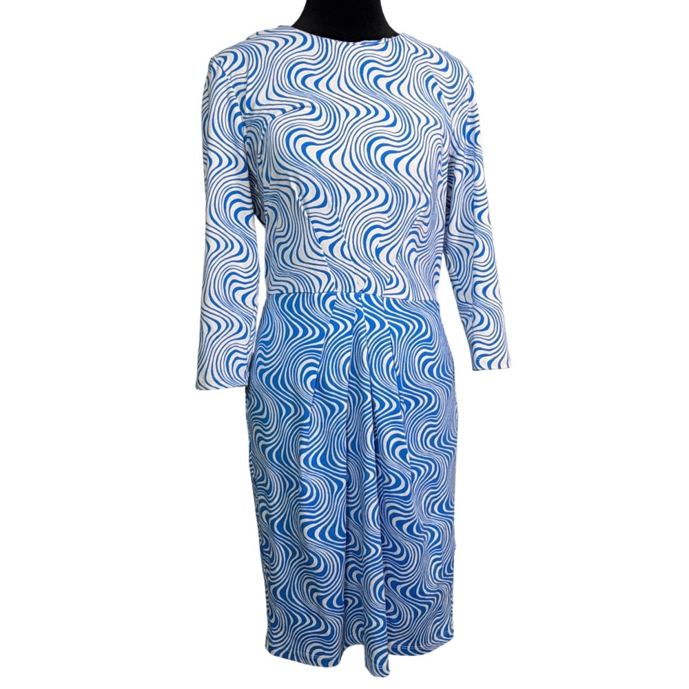 J.McLaughlin Womens Blue White Swirl Psychedelic Sheath Dress Size S 3/4 Sleeve